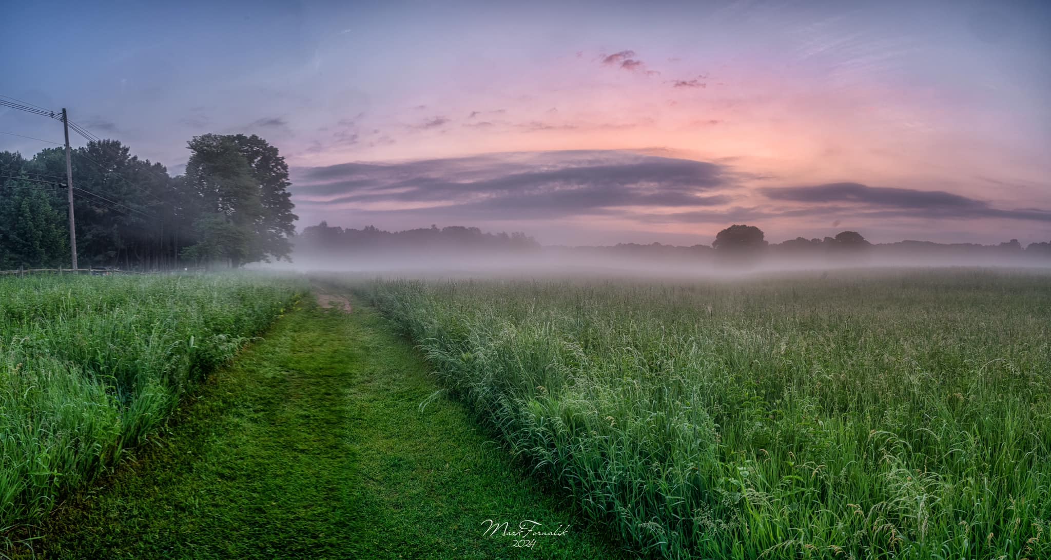 A mowed trail in a green field with a sunrise of blues and purples above it.