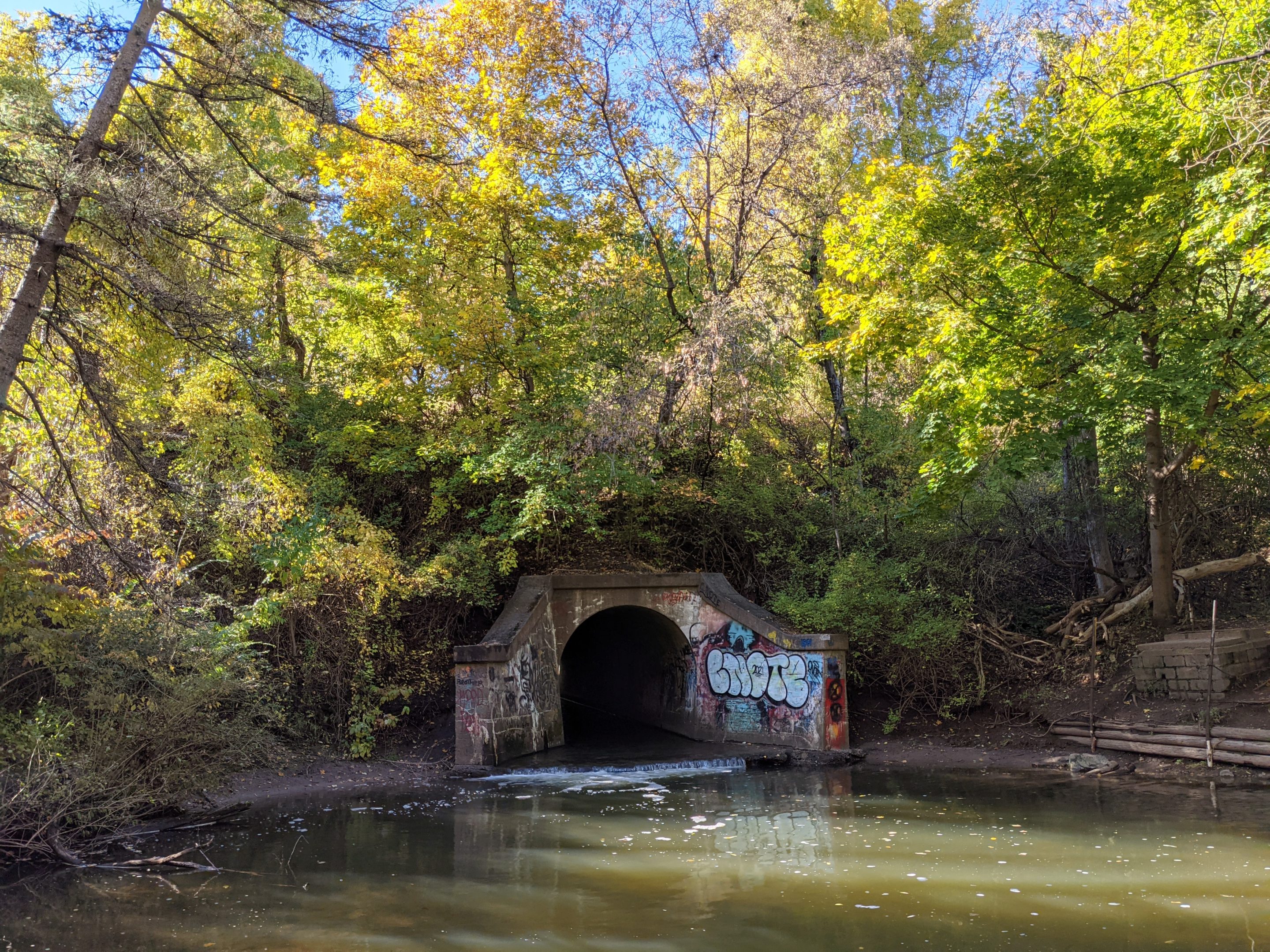 The large culvert, covered in graffiti, for Shipbuilders Creek on the Vosburg Trail